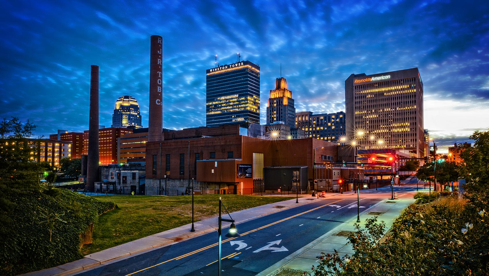 Downtown Winston-Salem at dusk