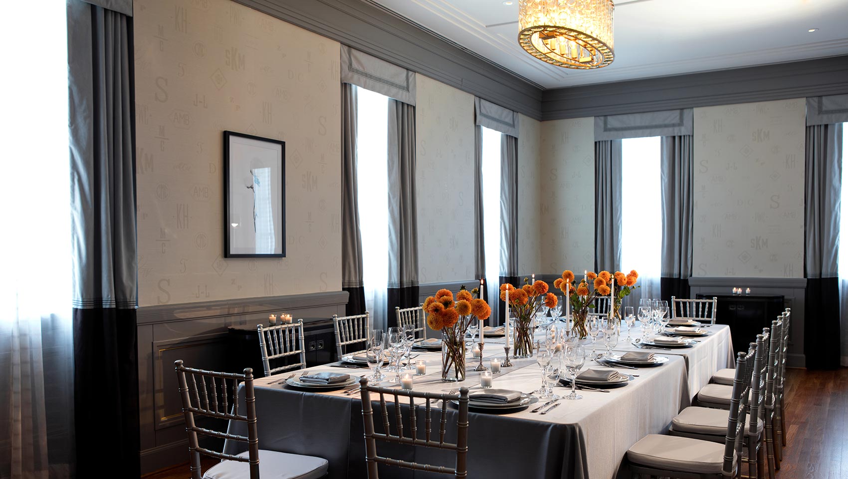 Kimpton Cardinal's Monoghram rehersal dinner setup